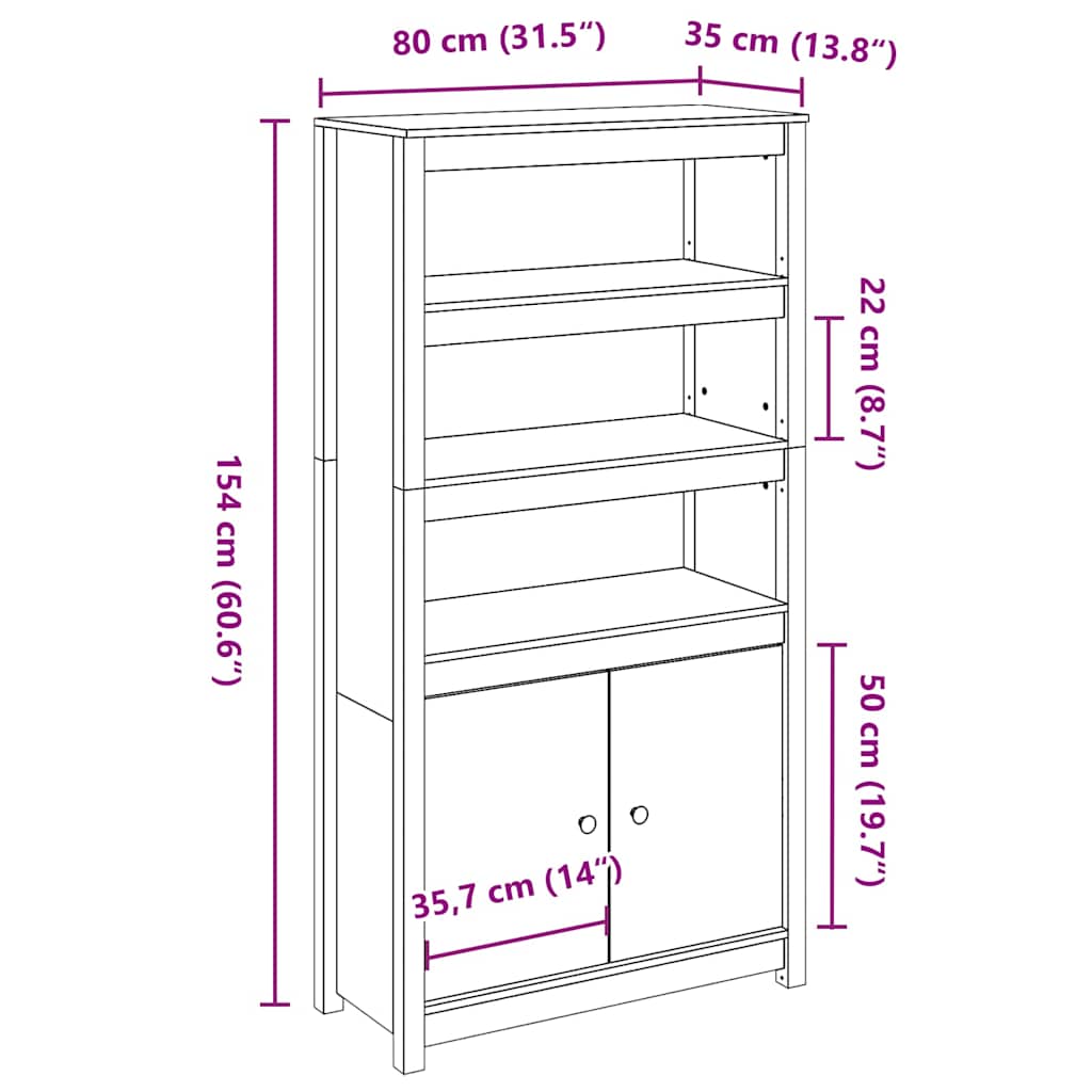 Credenza Nera 80x35x154 cm in Legno Massello di Pino