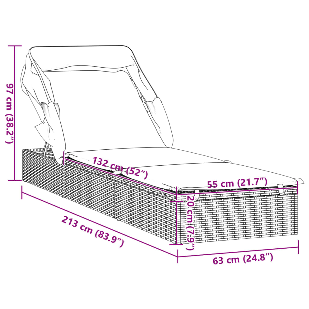 Lettino con Tetto Pieghevole Nero 213x63x97 cm Polyrattan | homemem39