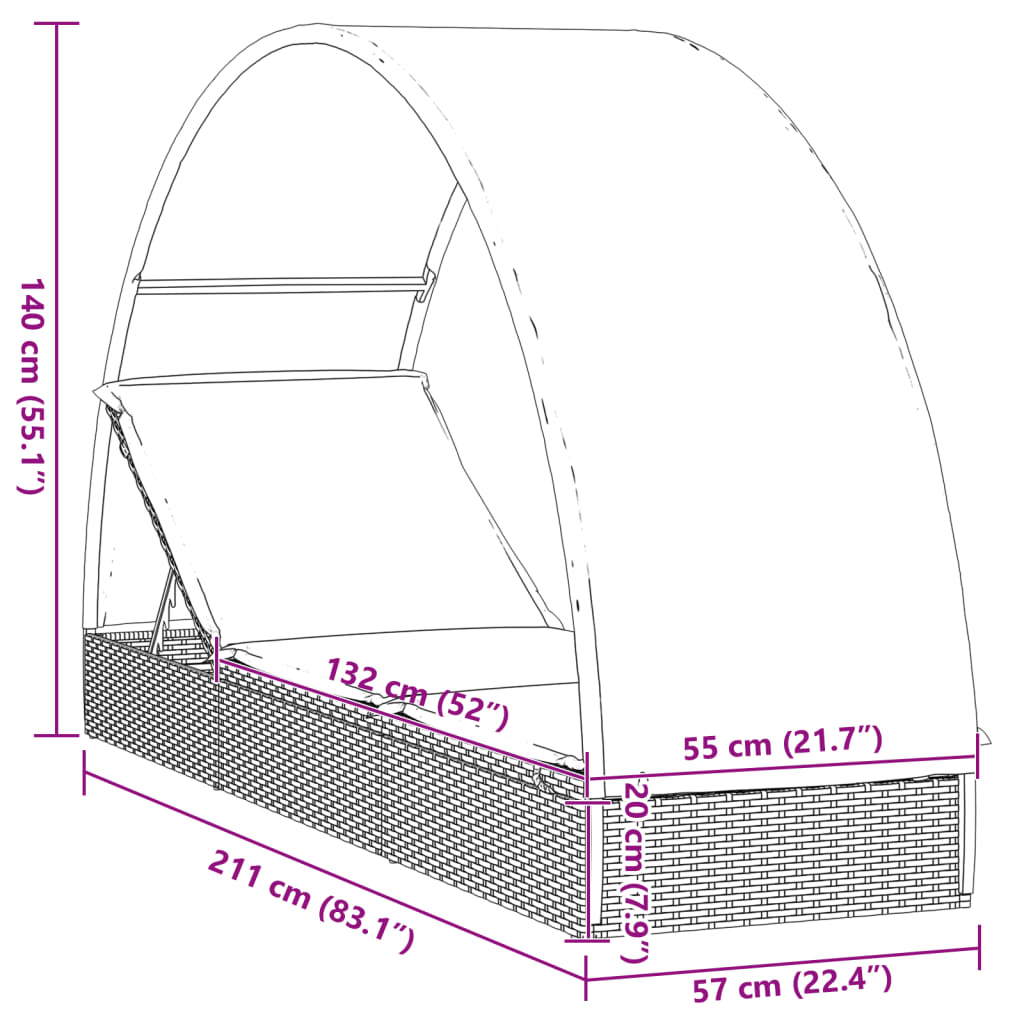 Lettino con Tetto Rotondo Grigio 211x57x140 cm Polyrattan | homemem39