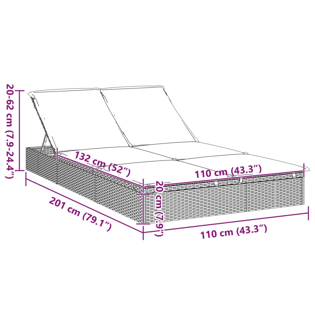 Lettino Prendisole 2 Persone con Cuscini Grigio in Polyrattan | homemem39