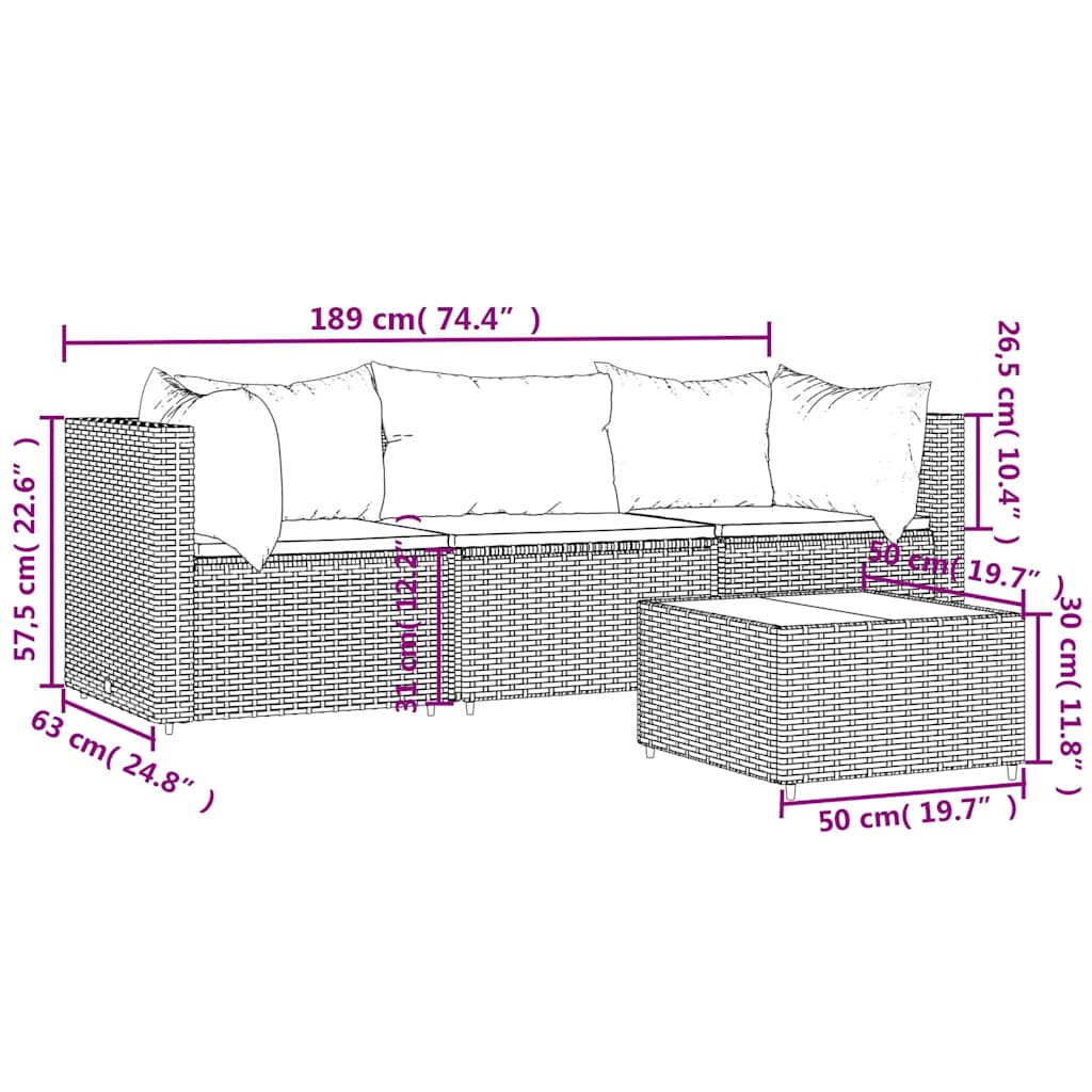 Set Divani da Giardino 4 pz con Cuscini in Polyrattan Grigio | homemem39