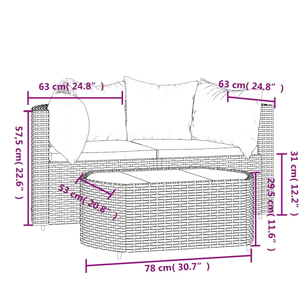 Set Divani da Giardino 3 pz con Cuscini in Polyrattan Grigio | homemem39