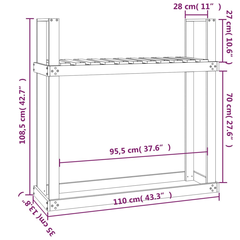 Portalegna Nero 110x35x108,5 cm in Legno Massello di Pino | homemem39