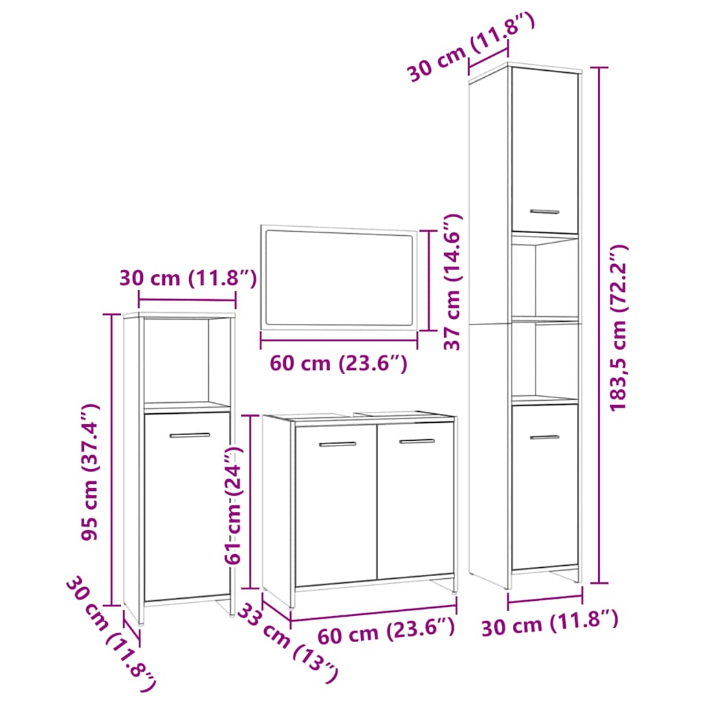Set Mobili da Bagno 4 pz Grigio Sonoma in Legno Multistrato | homemem39