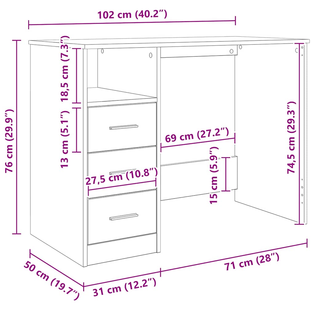 Scrivania Cassetti Grigio Sonoma 102x50x76 cm Legno Multistrato | homemem39
