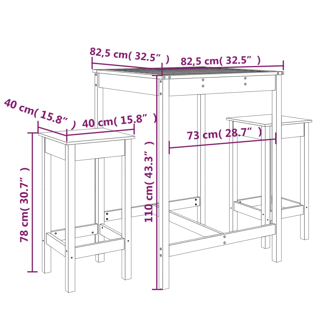 Set Bar da Giardino 3 pz Nero in Legno Massello di Pino | homemem39
