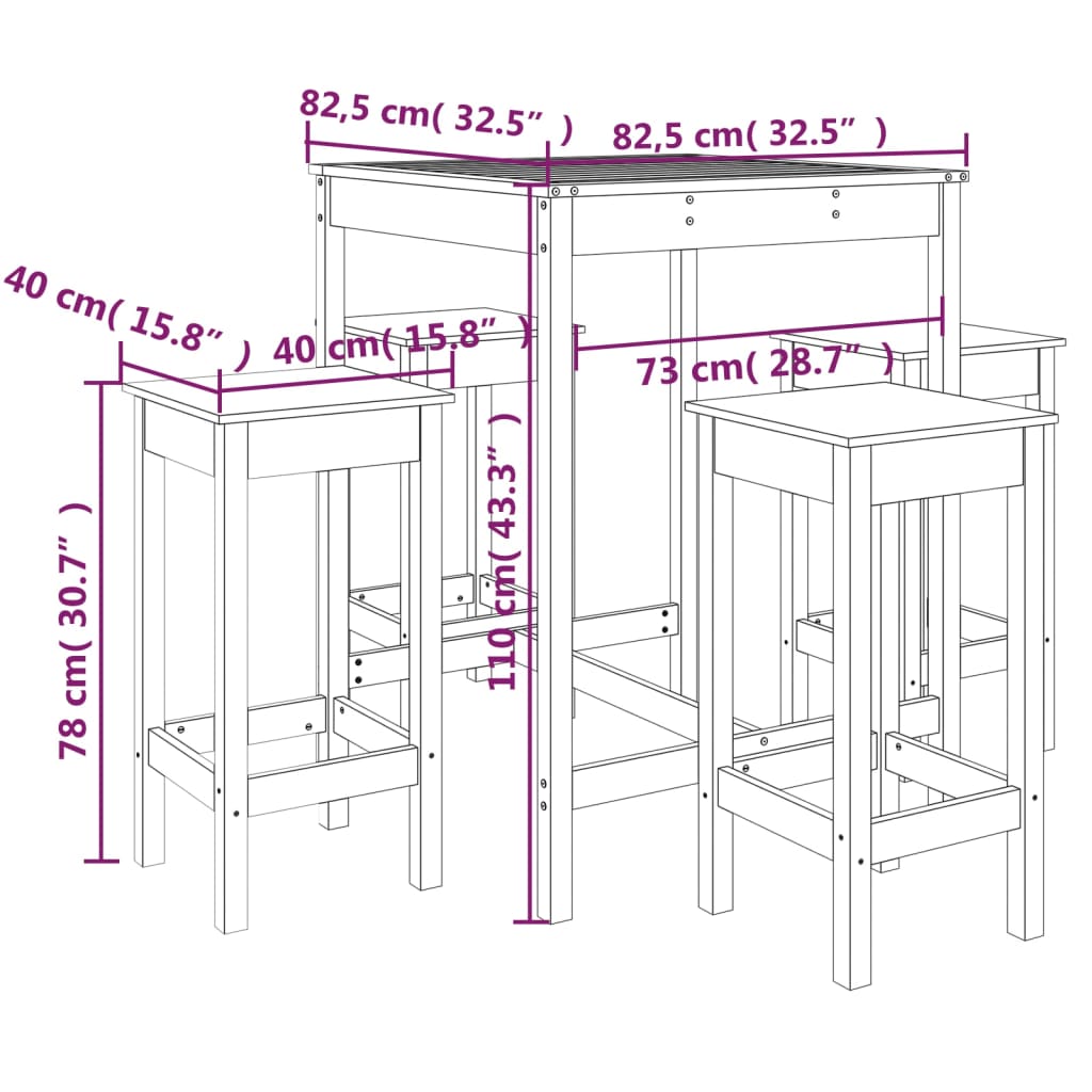 Set Bar da Giardino 5 pz Nero in Legno Massello di Pino | homemem39