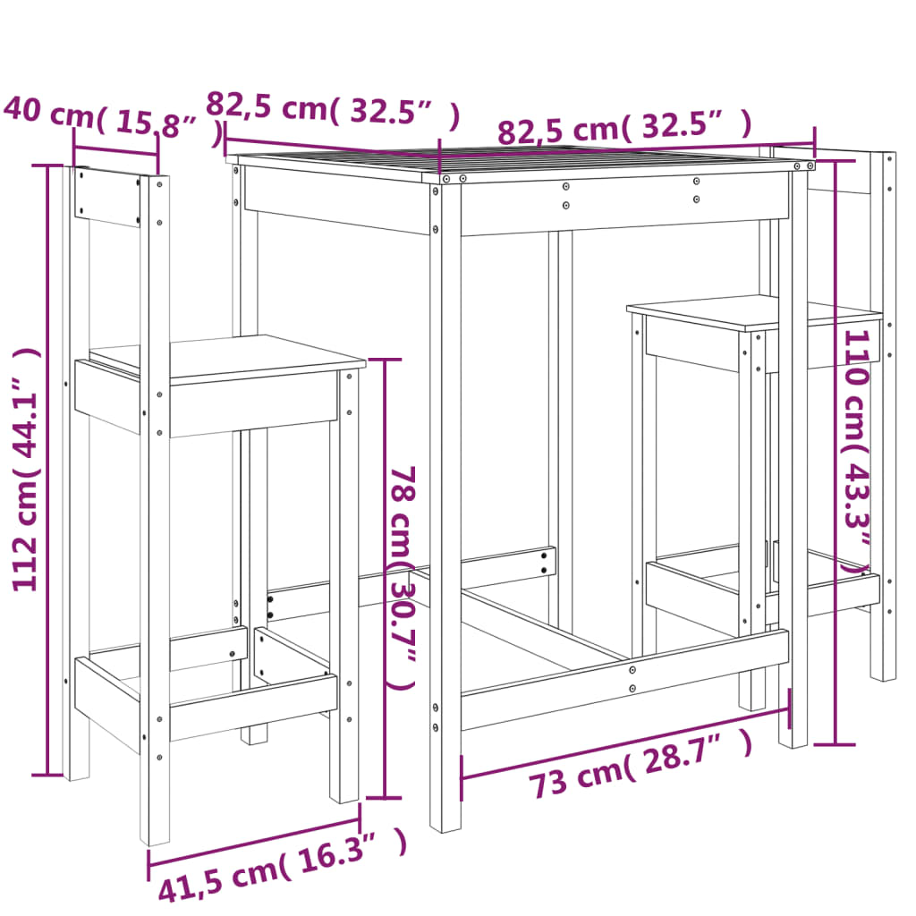 Set Bar da Giardino 3 pz Nero in Legno Massello di Pino | homemem39