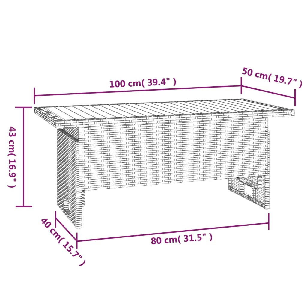 Tavolo Giardino Nero 100x50x43/63cm Massello Acacia Polyrattan | homemem39