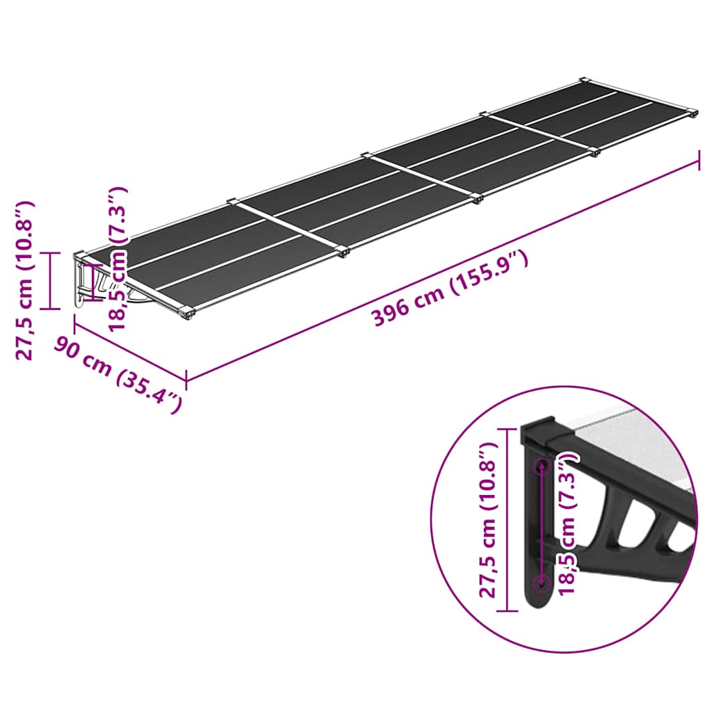 Tettoia per Porta Nero e Trasparente 396x90 cm Policarbonato - homemem39