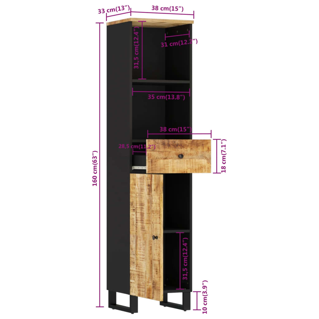 Mobile da Bagno 38x33x160 cm in Legno Massello di Mango | homemem39