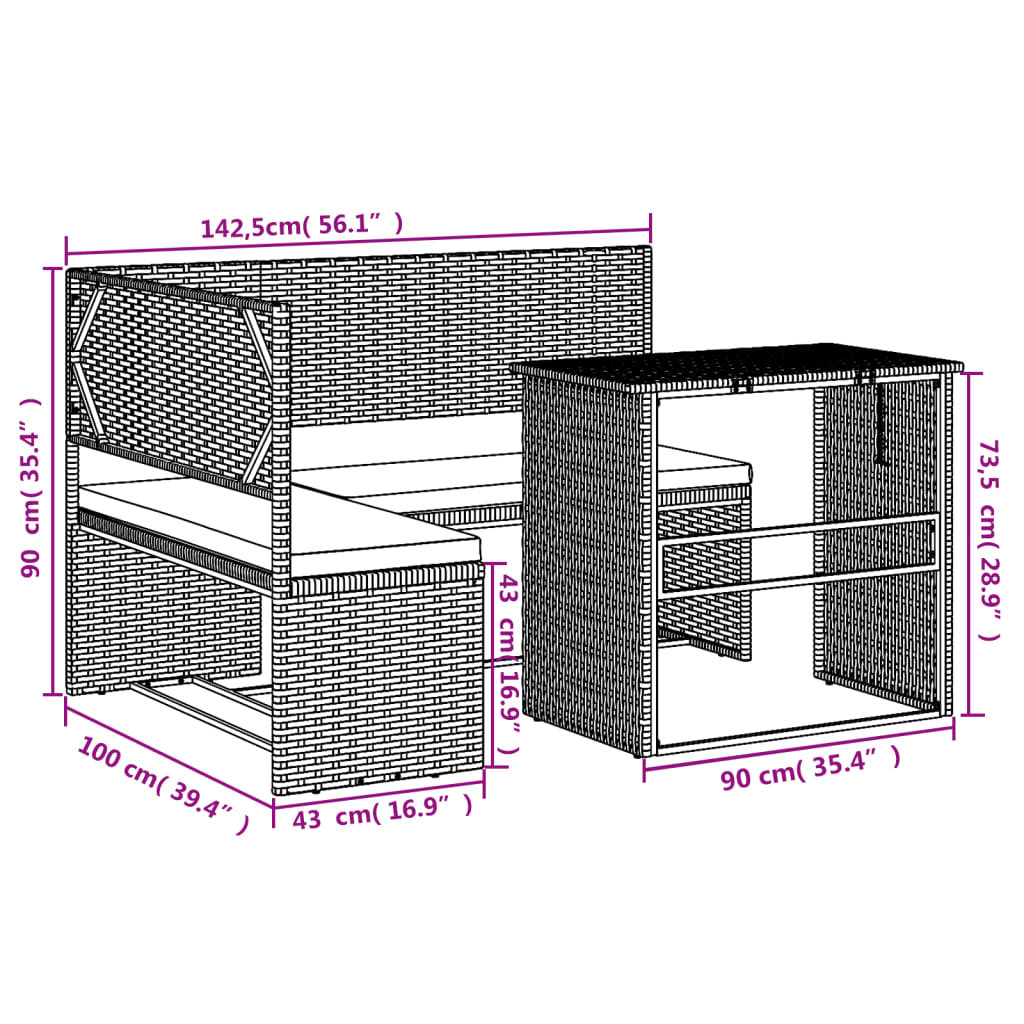 Divano da Giardino con Tavolo e Cuscini a L Nero in Polyrattan | homemem39