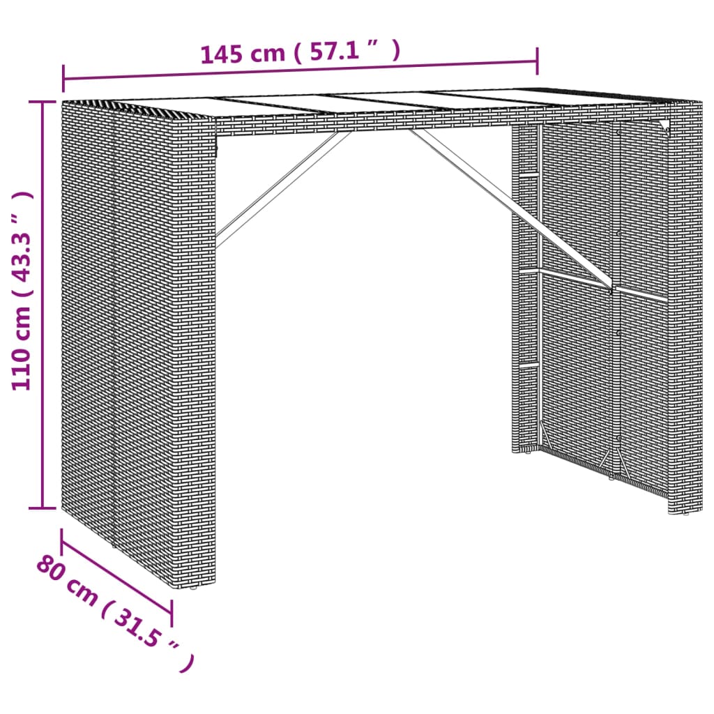 Tavolo Bar con Piano in Vetro Marrone 145x80x110 cm Polyrattan | homemem39
