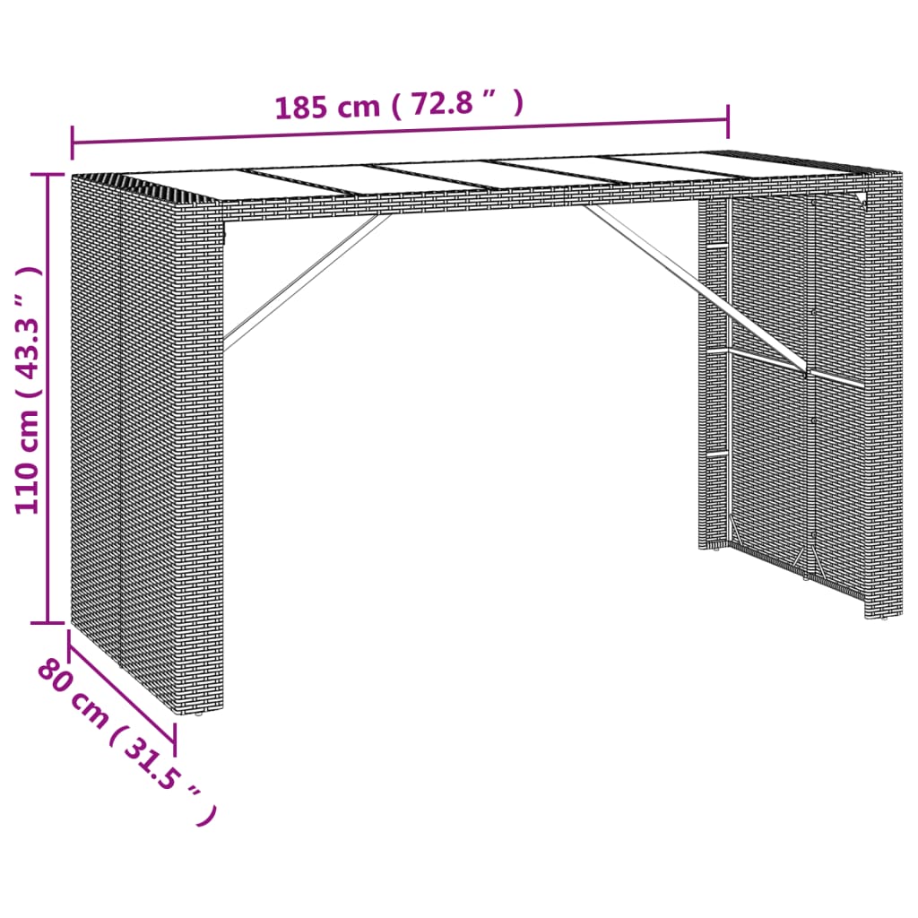 Tavolo Bar con Piano in Vetro Marrone 185x80x110 cm Polyrattan | homemem39