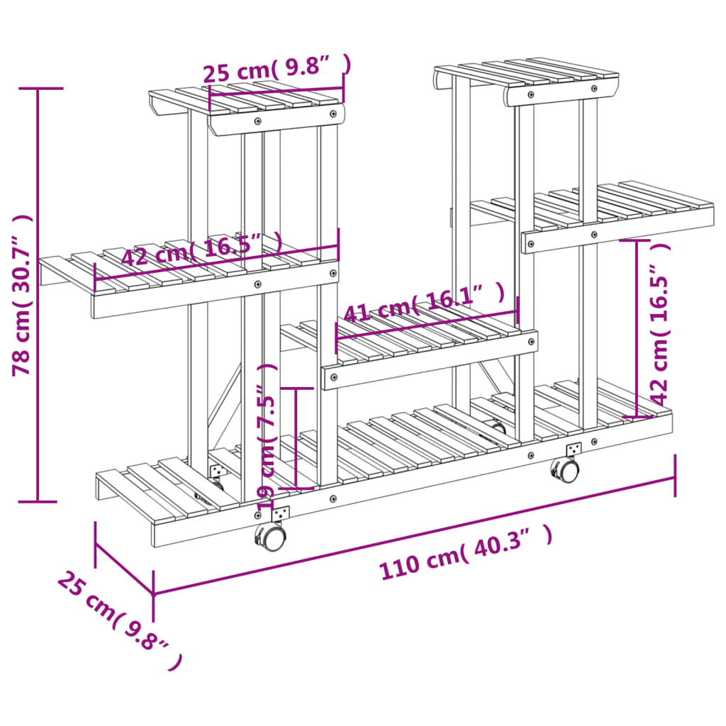 Portafiori con Ruote 110x25x78 cm in Legno Massello di Abete | homemem39