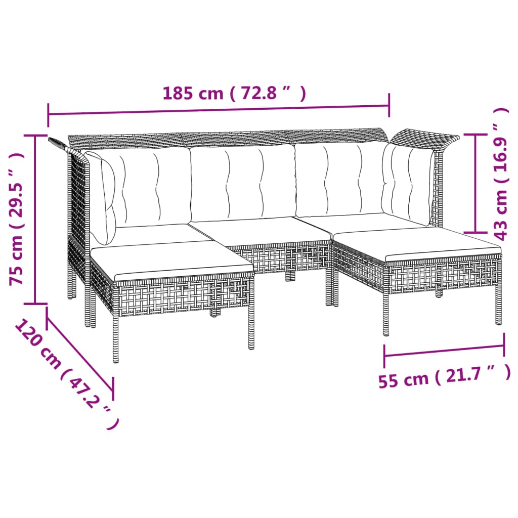 Set Divani da Giardino 5 pz con Cuscini in Polyrattan Grigio - homemem39