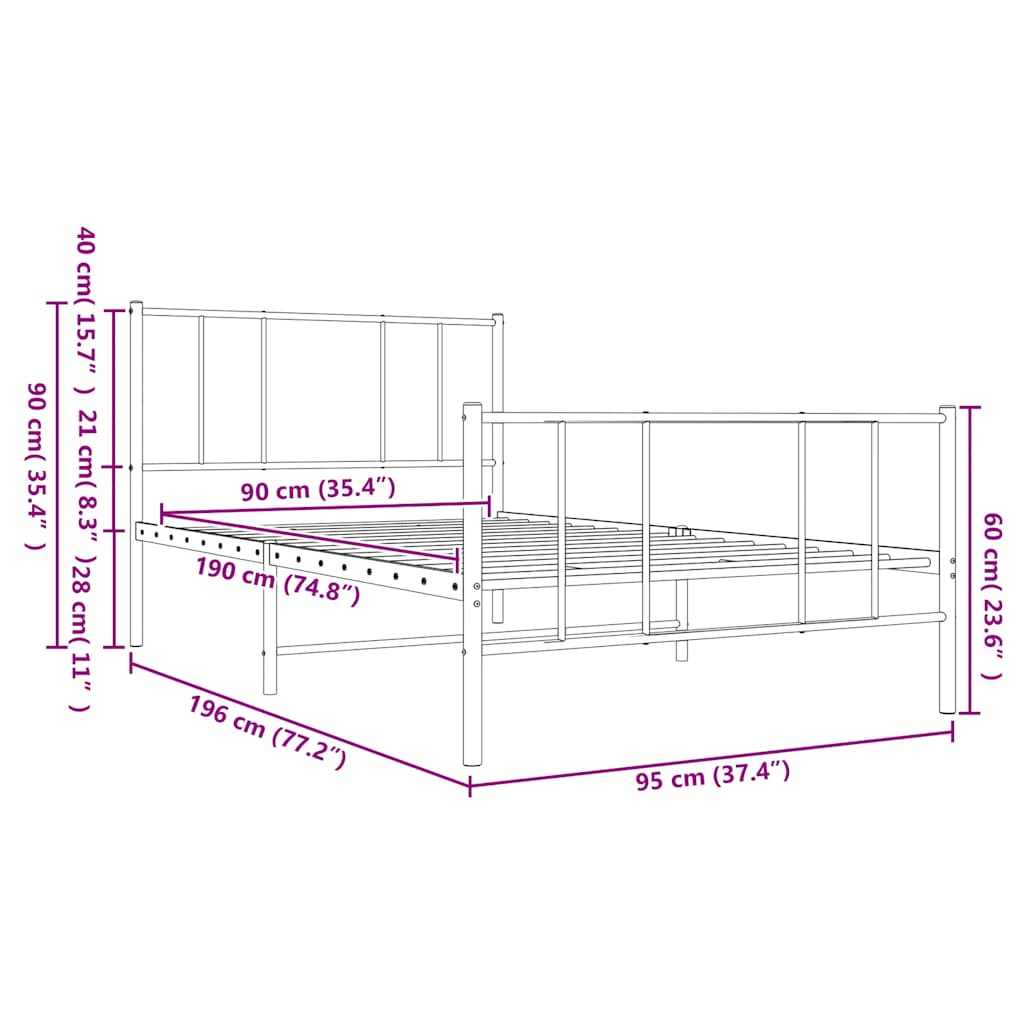 Giroletto con Testiera e Pediera Metallo Bianco 90x190 cm | homemem39