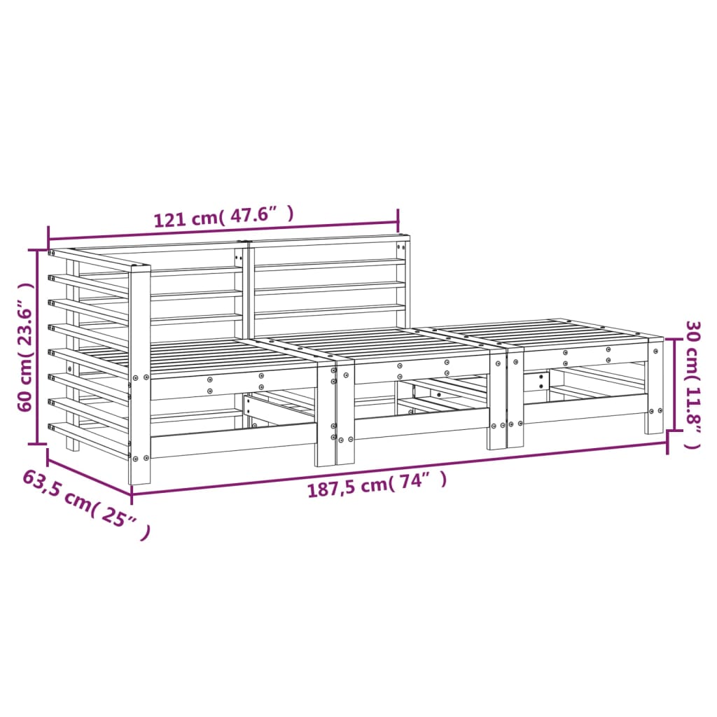 Set Salotto da Giardino 3 pz in Legno Massello di Pino | homemem39