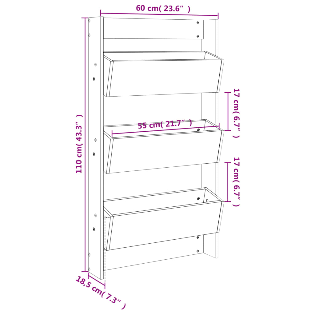 Fioriera a Muro 3Ripiani Nera 60x18,5x110cm Legno Massello Pino | homemem39