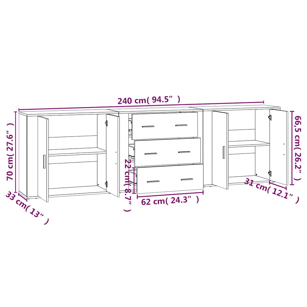Credenze 3 pz Grigio Sonoma in Legno Multistrato