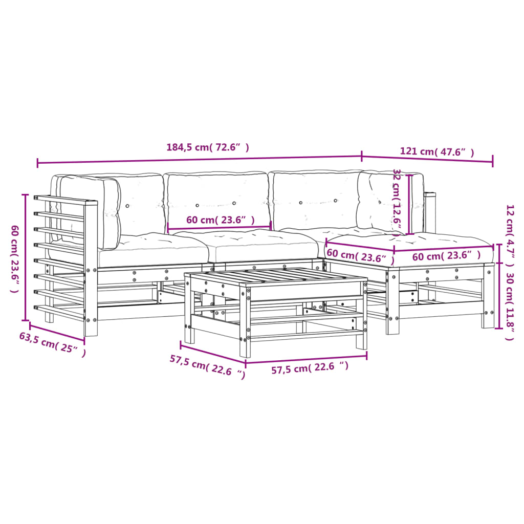 Set Divani da Giardino 5pz con Cuscini in Legno Massello Bianco