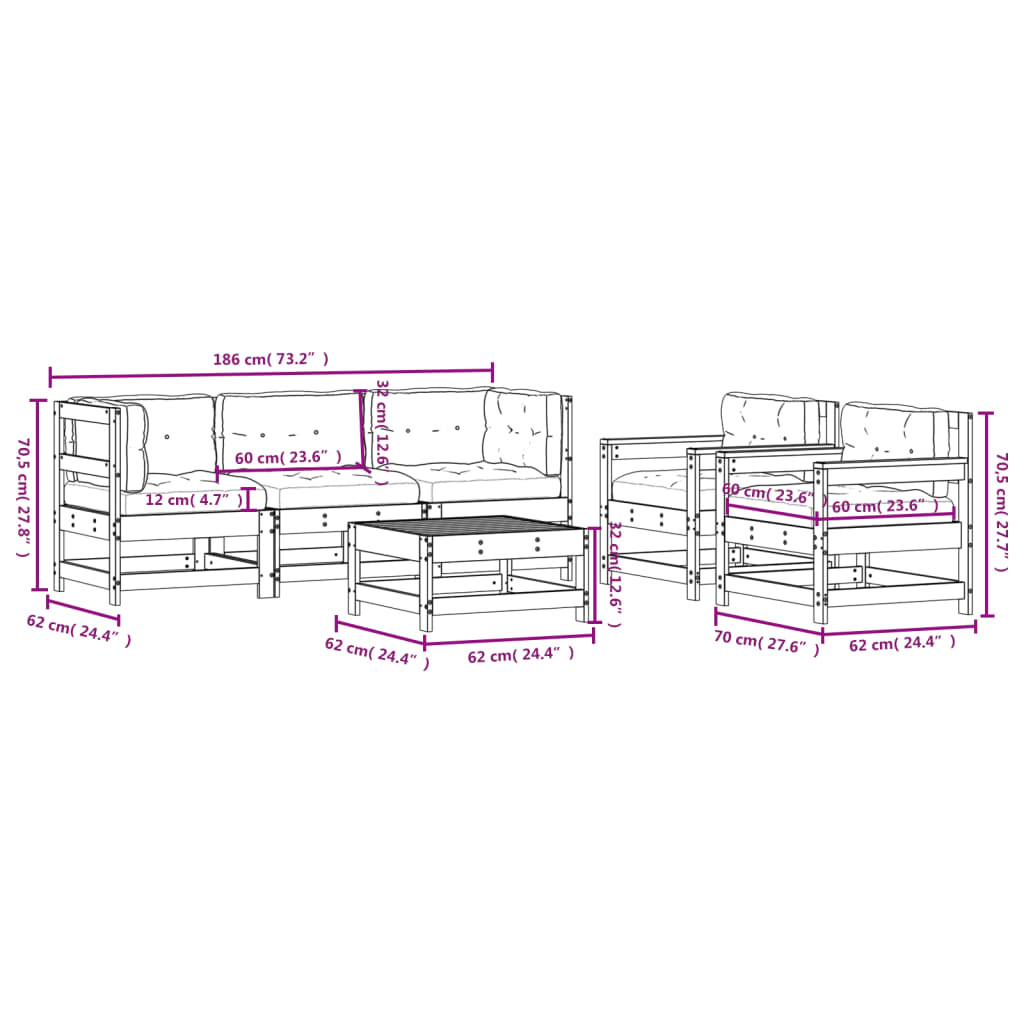 Set Divani da Giardino 6 pz con Cuscini in Legno Massello | homemem39