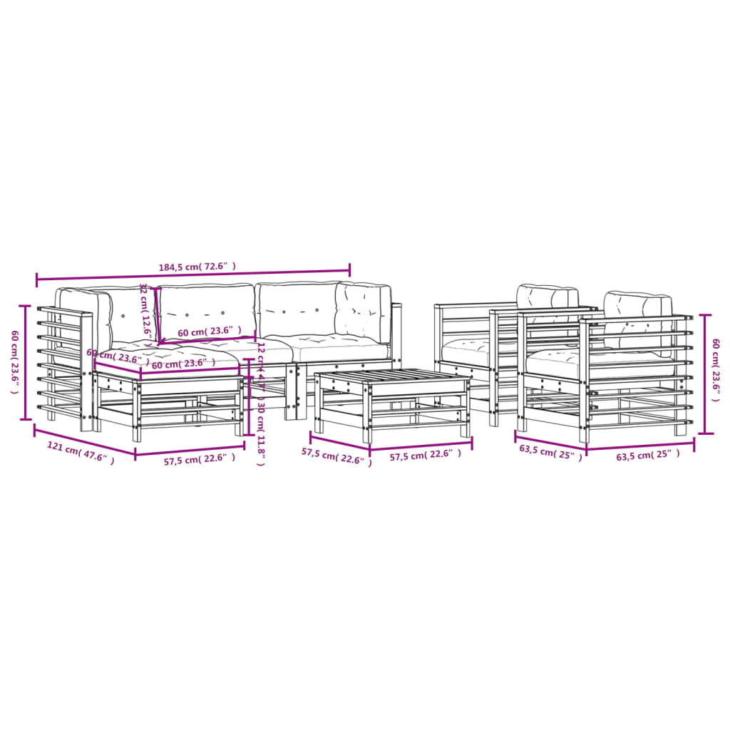 Set Divani da Giardino 7pz con Cuscini in Legno Massello Grigio | homemem39