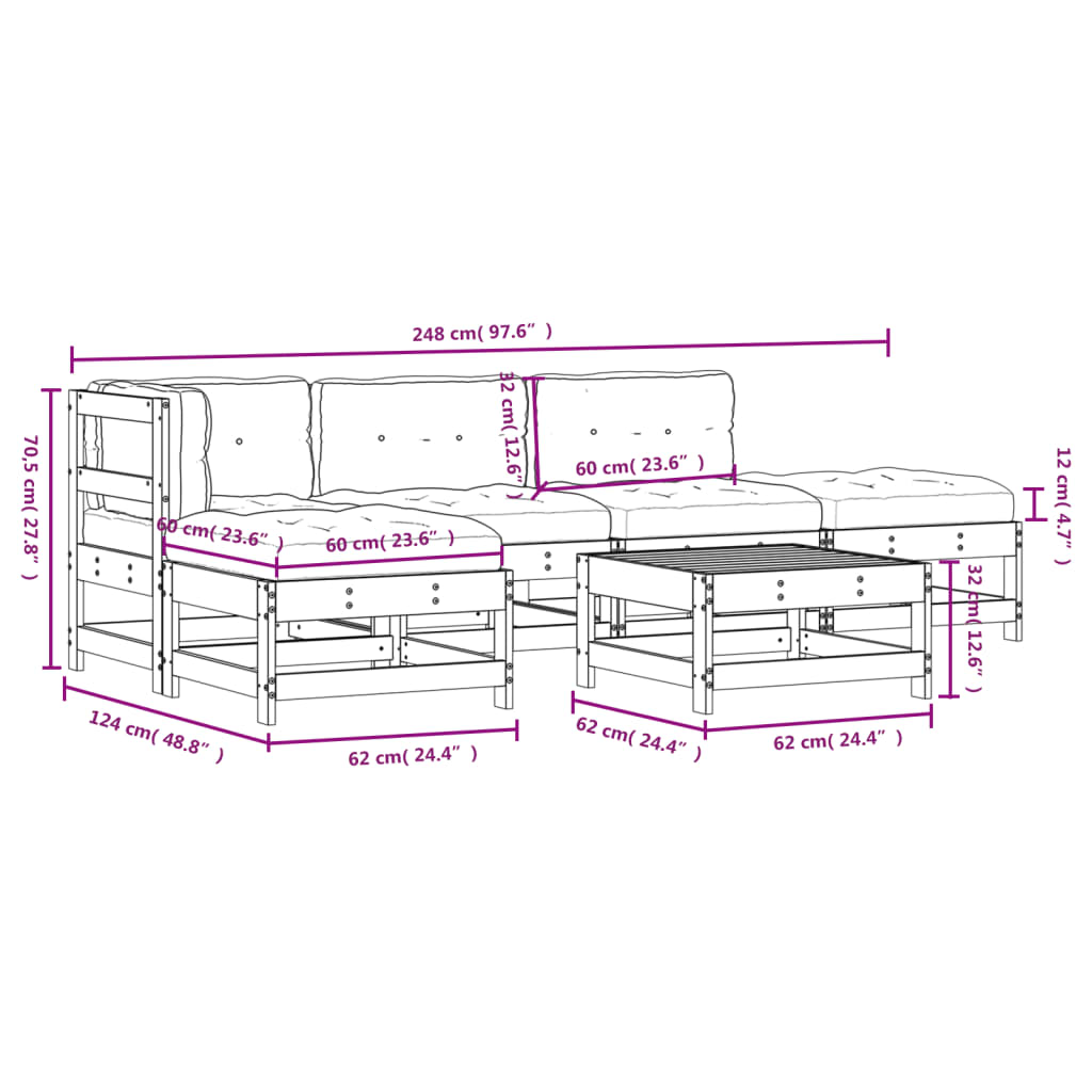 Set Divani da Giardino 6pz con Cuscini in Legno Massello Bianco | homemem39