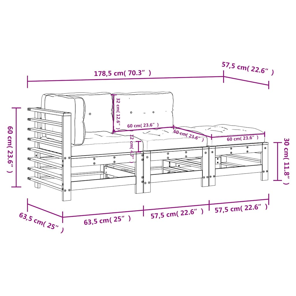 Set Divani da Giardino 3pz con Cuscini in Legno Massello Grigio | homemem39