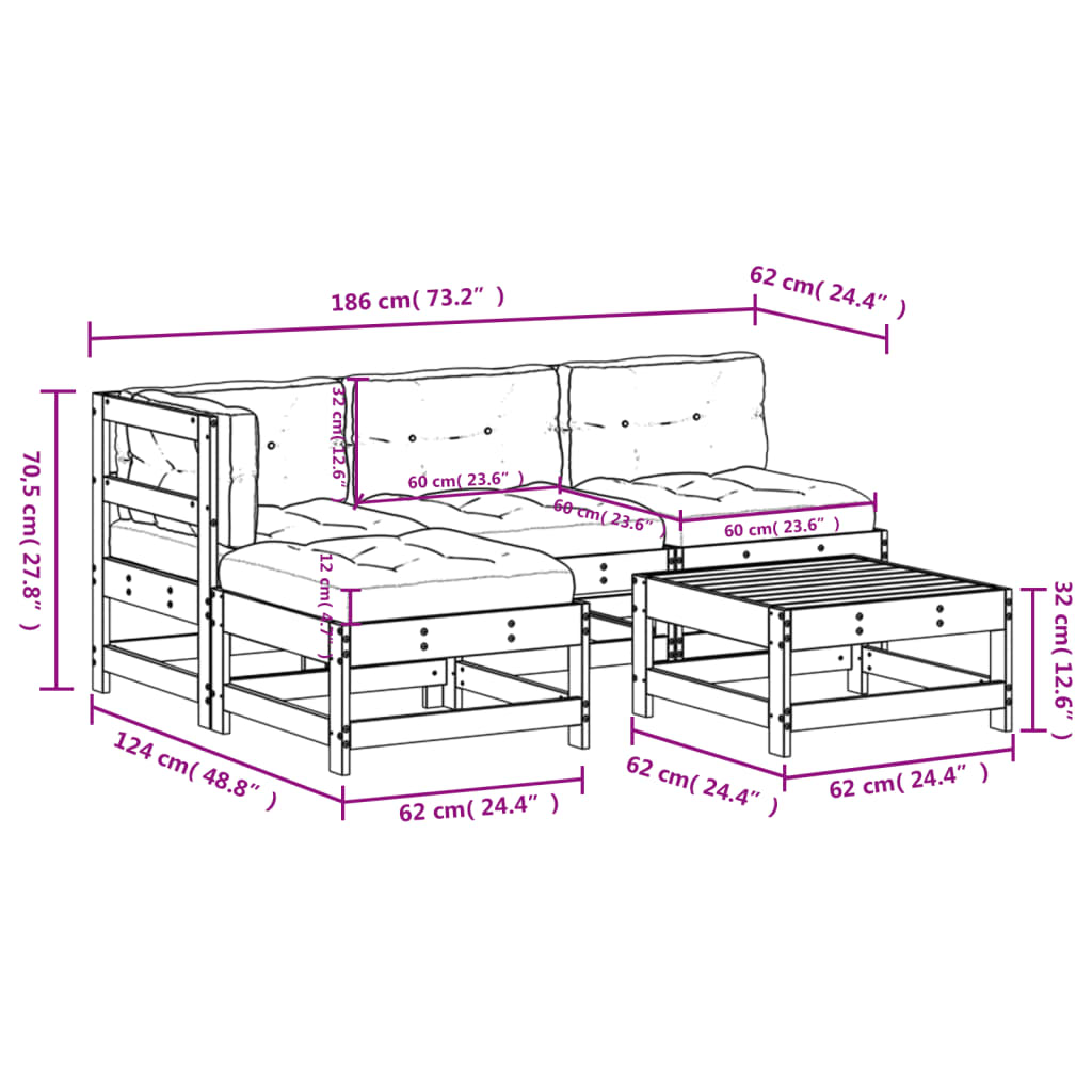 Set Divani da Giardino 5pz con Cuscini in Legno Massello Bianco | homemem39