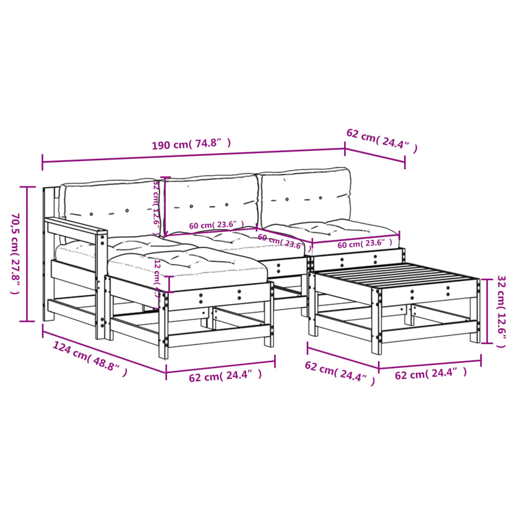 Set Divani da Giardino 5pz con Cuscini in Legno Massello Bianco | homemem39