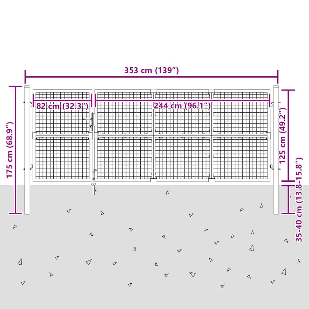 Cancello da Giardino in Rete Argento 350x125 cm in Acciaio Zincato