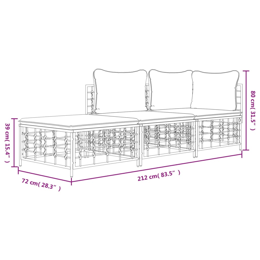 Set Divani da Giardino 3 pz con Cuscini Antracite in Polyrattan | homemem39