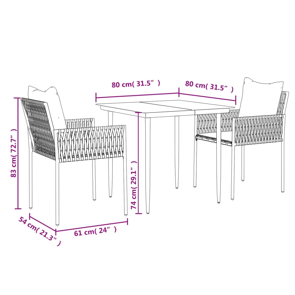Set Pranzo da Giardino 3pz con Cuscini in Polyrattan e Acciaio - homemem39