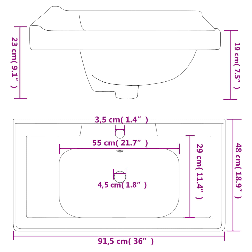 Lavandino da Bagno Bianco 91,5x48x23cm Rettangolare in Ceramica | homemem39