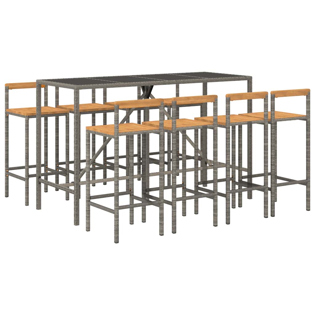 Set Bar Giardino 9pz Grigio Polyrattan e Legno Massello Acacia | homemem39