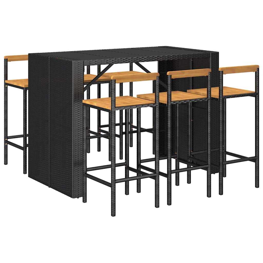 Set Bar Giardino 7 pz Nero Polyrattan e Legno Massello Acacia | homemem39