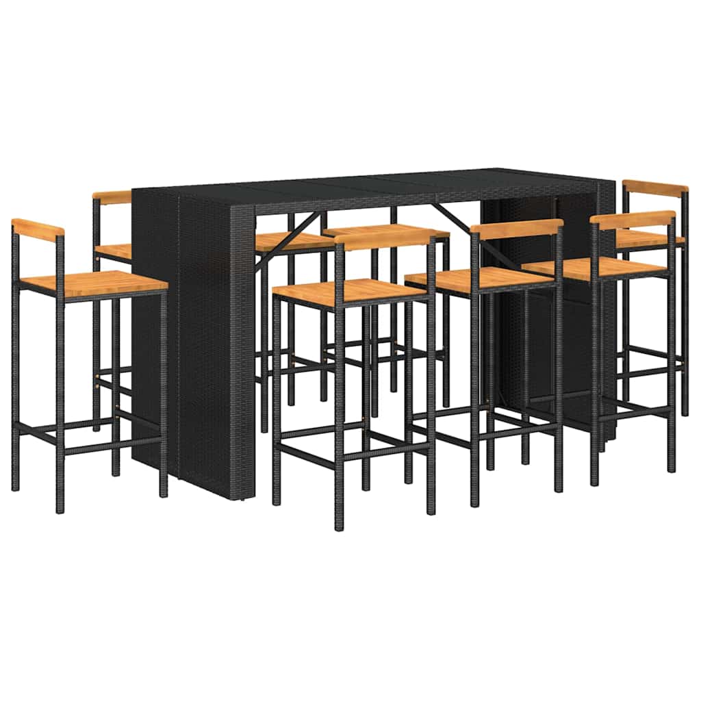 Set Bar Giardino 9 pz Nero Polyrattan e Legno Massello Acacia | homemem39