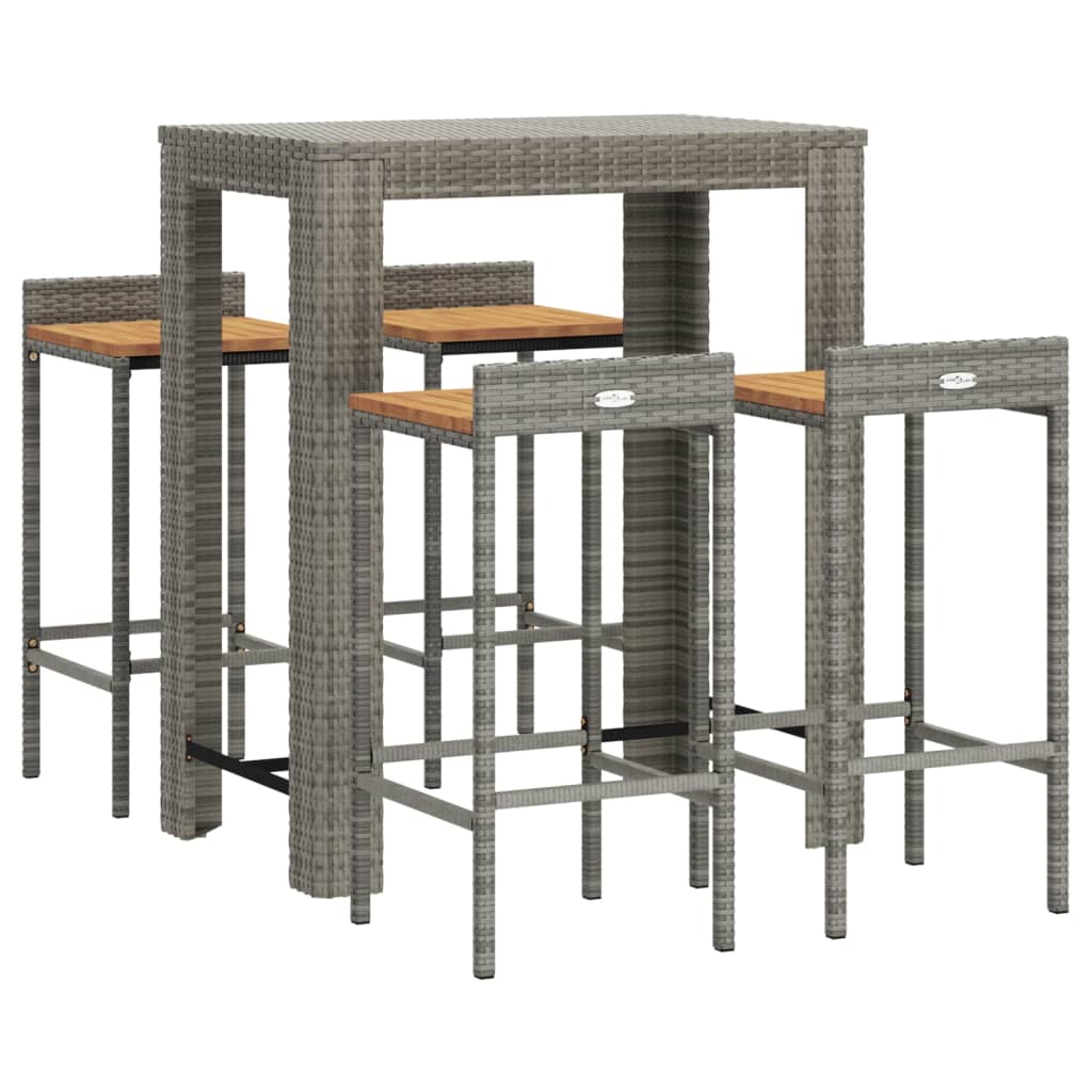 Set Bar Giardino 5pz Grigio Polyrattan e Legno Massello Acacia | homemem39