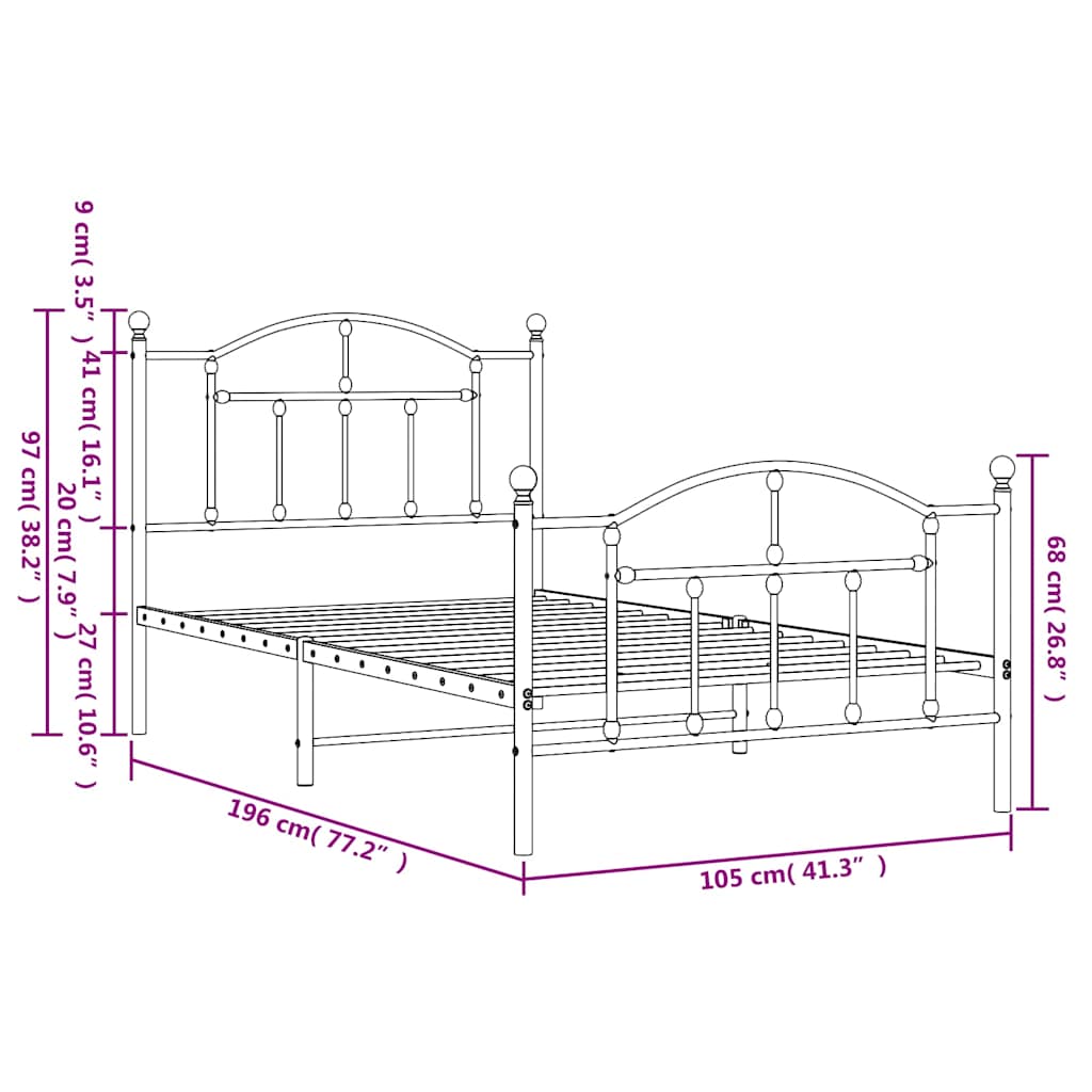Giroletto con Testiera e Pediera Metallo Nero 100x190 cm | homemem39