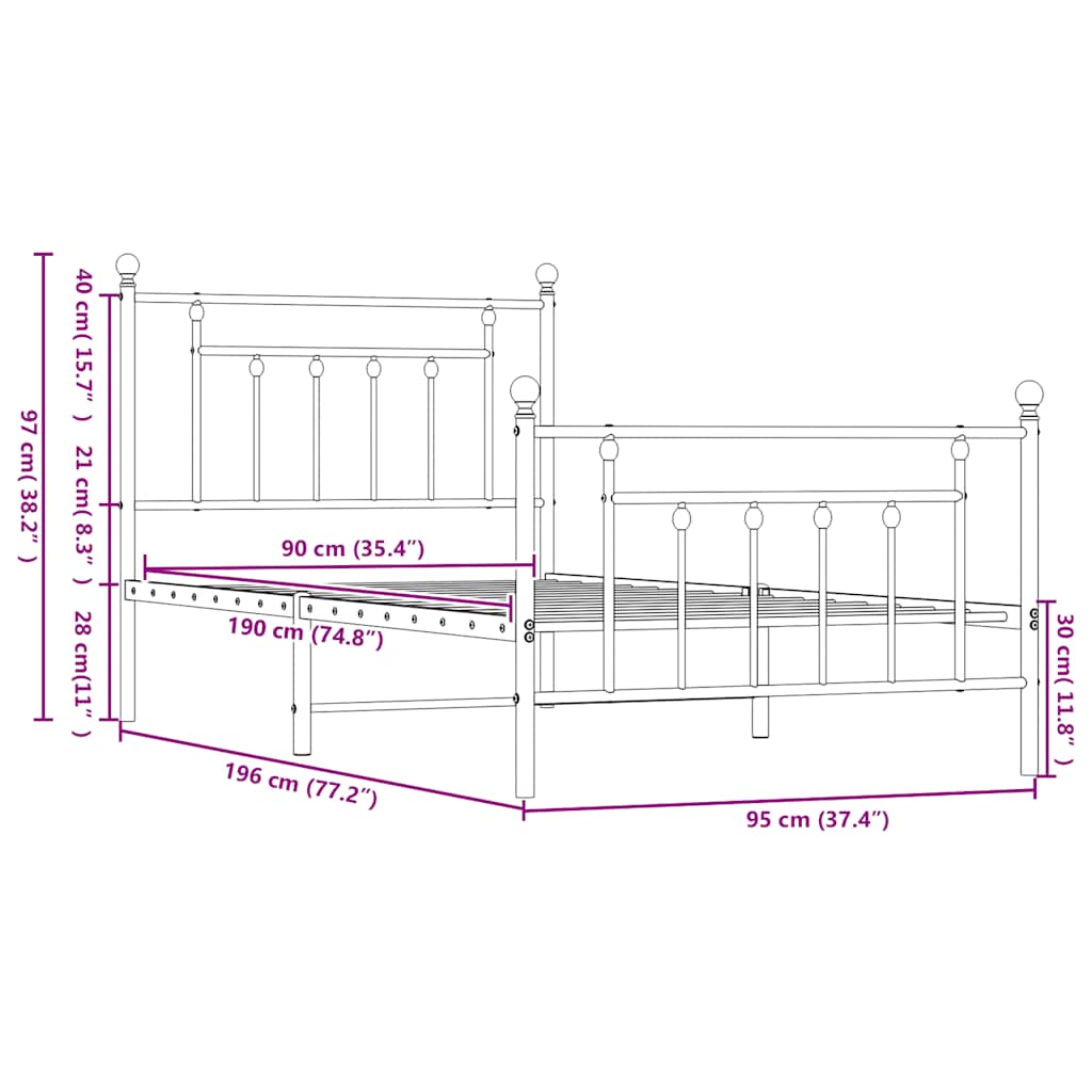 Giroletto con Testiera e Pediera Metallo Bianco 90x190 cm