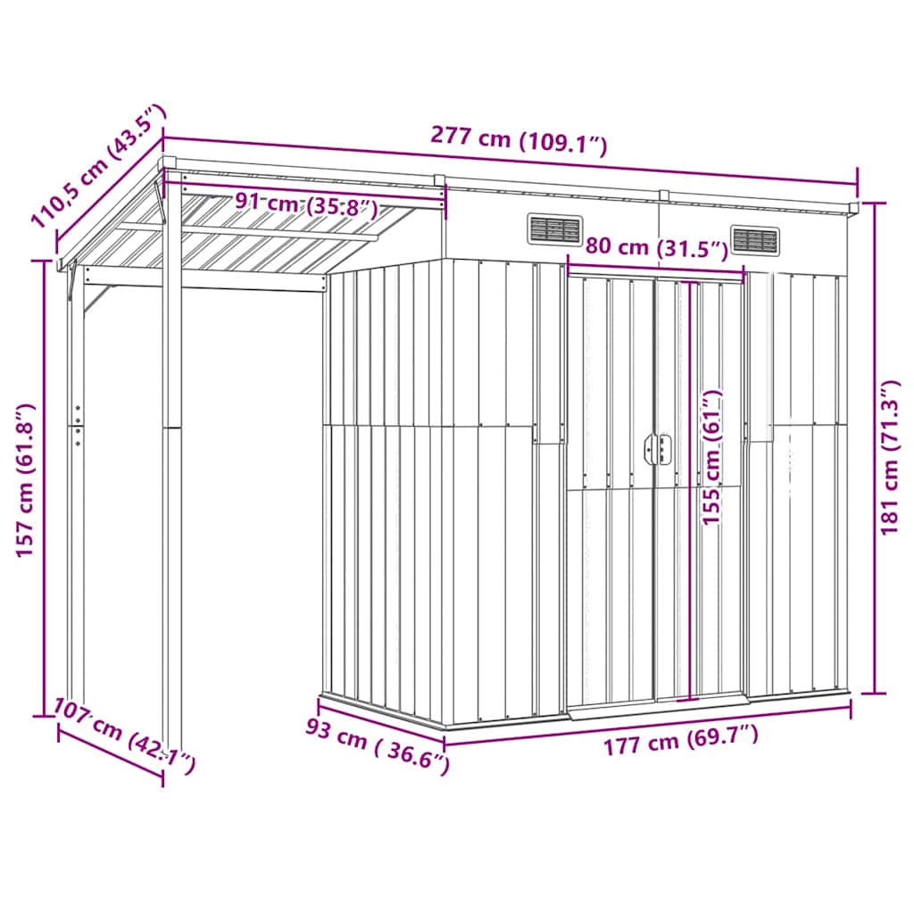 Capannone Tetto Esteso Marrone Chiaro 277x107x181cm Acciaio
