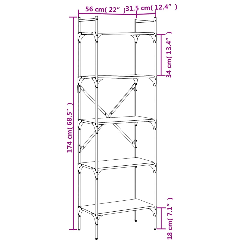 Libreria Rovere Fumo 5 Ripiani 56x31,5x174 cm Legno Multistrato | homemem39