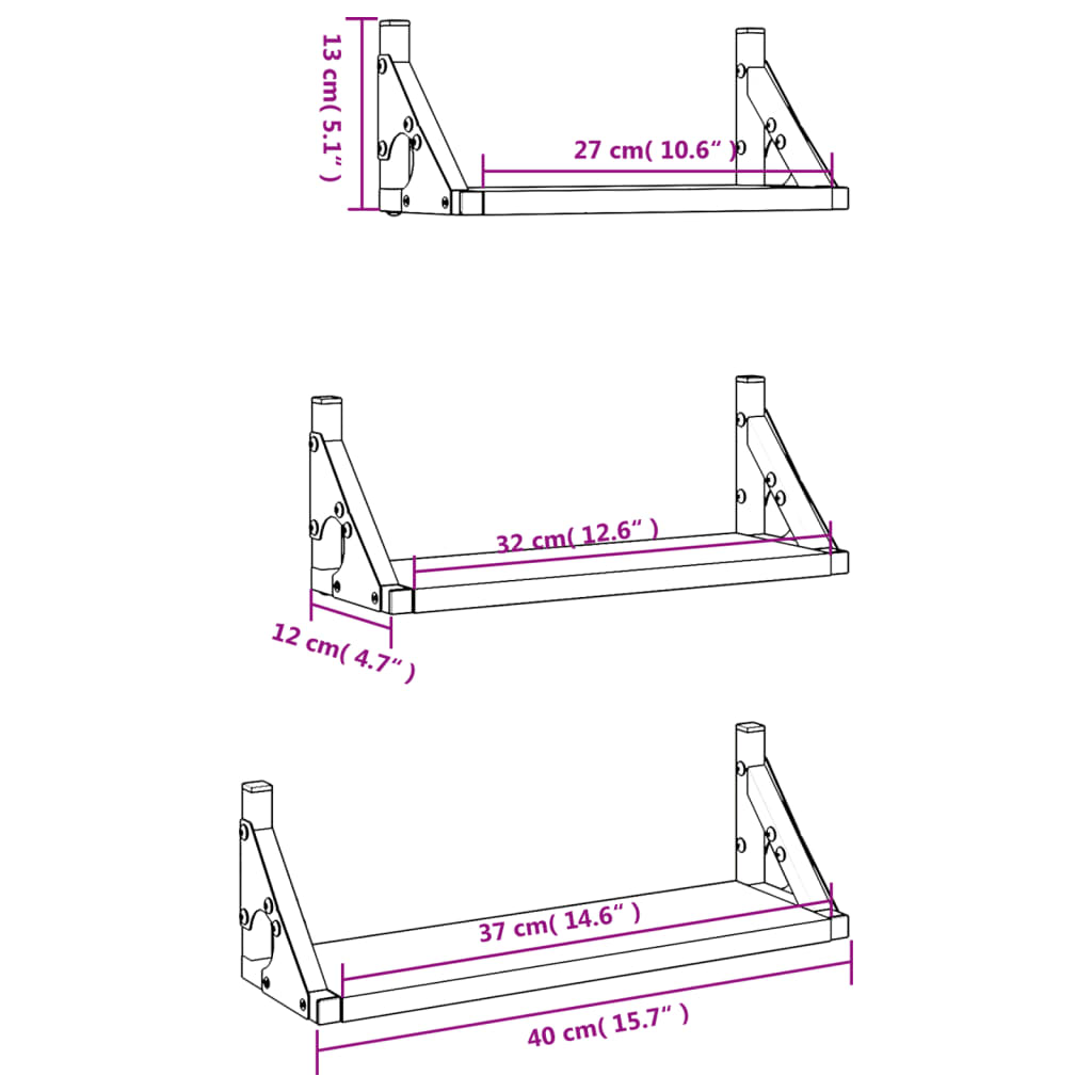 Set Mensole Parete 3pz Rovere Fumo in Legno Multistrato