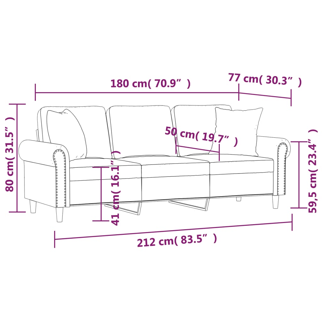 Divano a 3 Posti con Cuscini Nero 180 cm in Velluto | homemem39