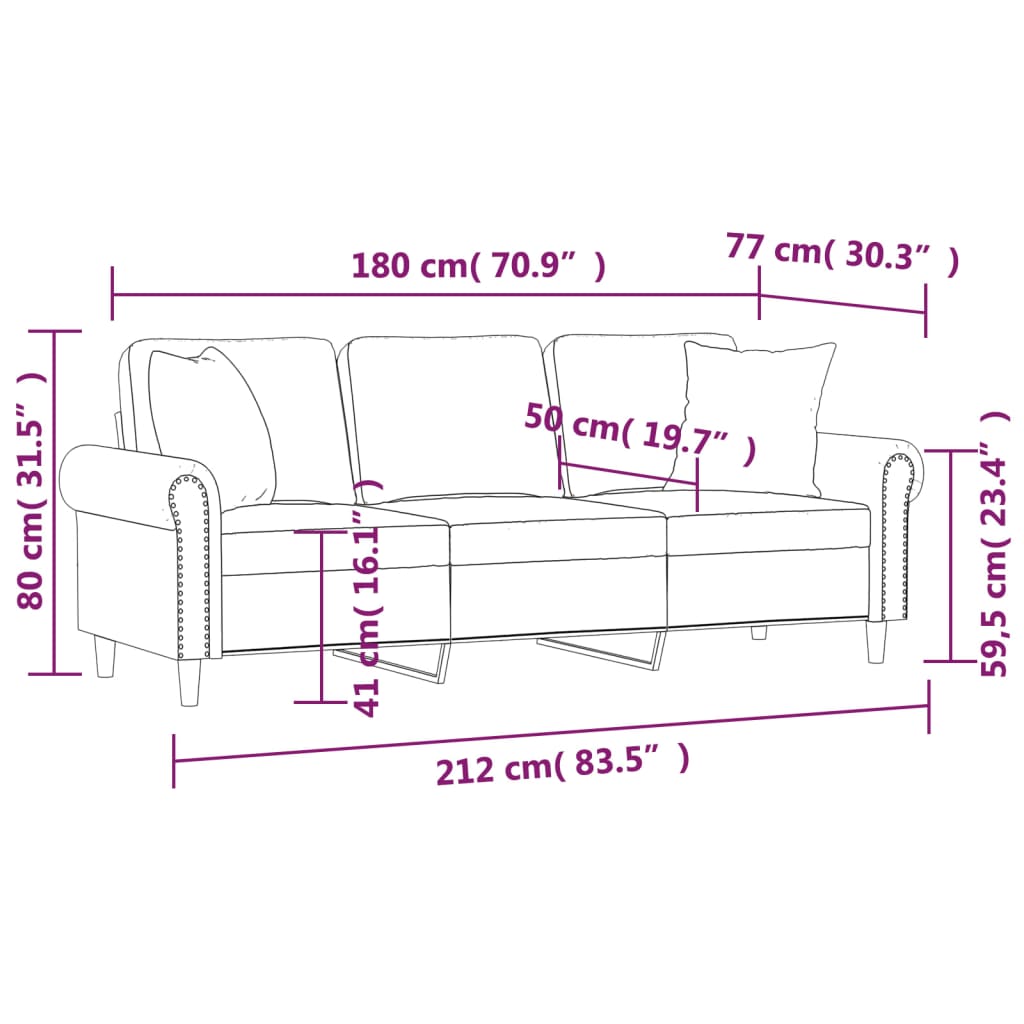 Divano a 3 Posti con Cuscini Crema 180 cm in Velluto | homemem39