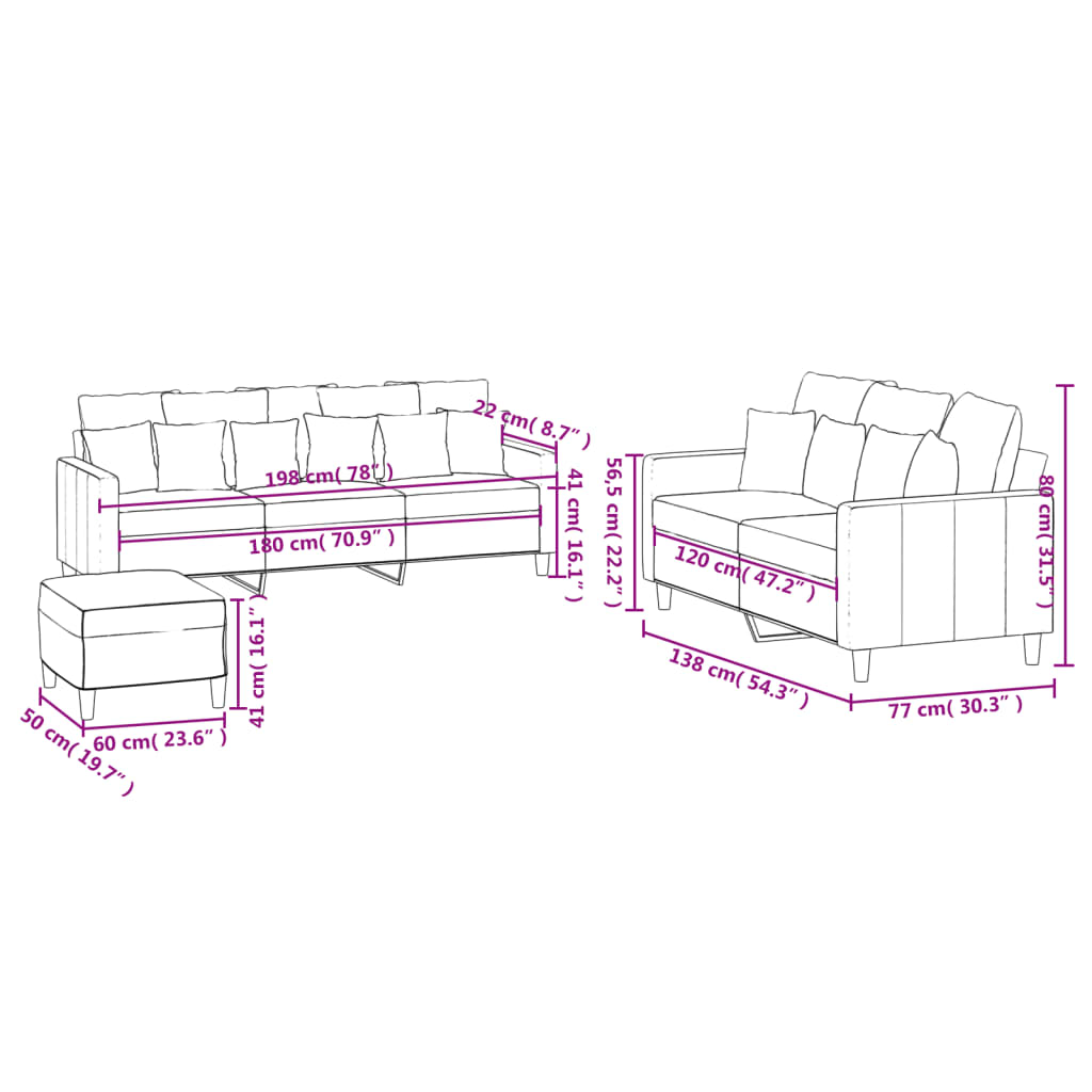 Set di Divani 3 pz con Cuscini rosa in Velluto | homemem39