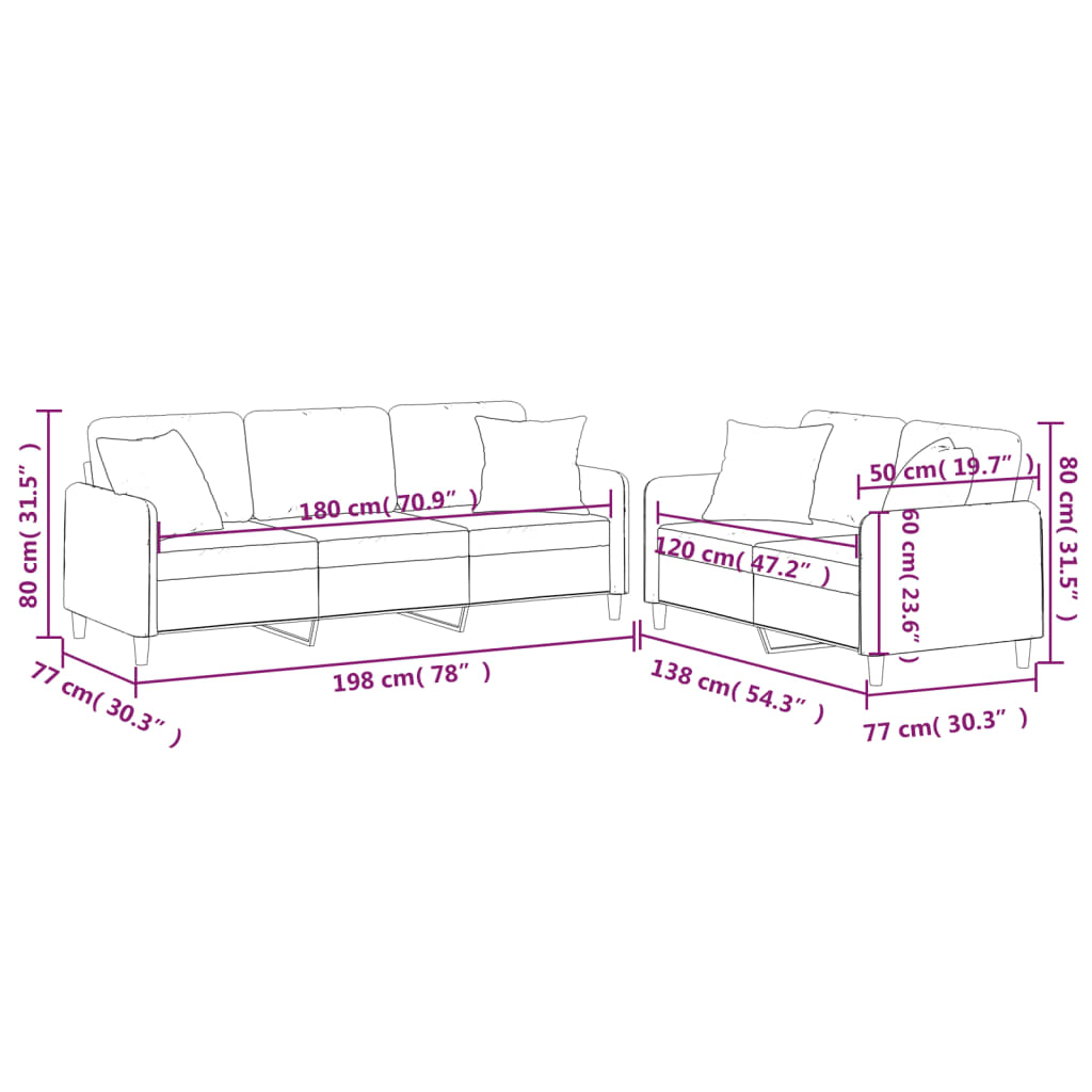 Set Divani 2 pz con Cuscini Tortora in Tessuto | homemem39