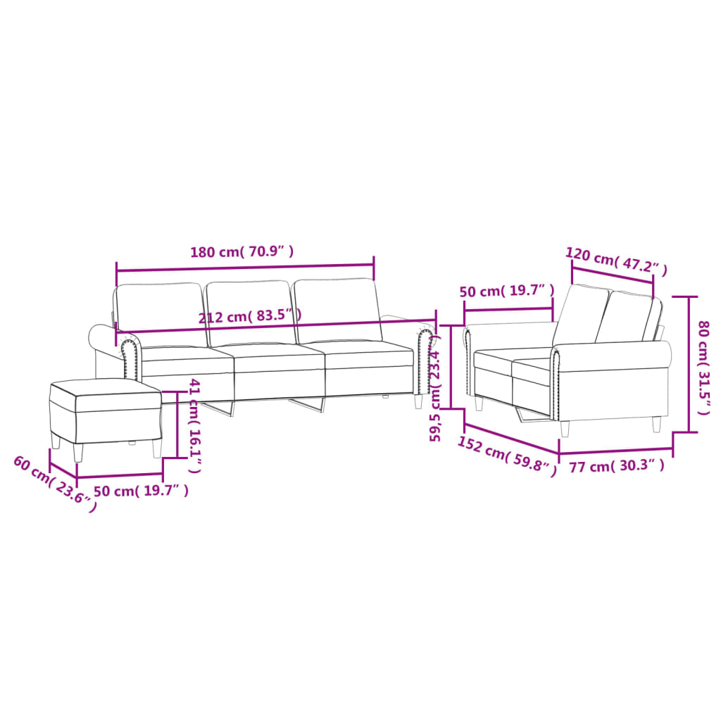 Set di Divani 3 pz con Cuscini Crema in Velluto | homemem39