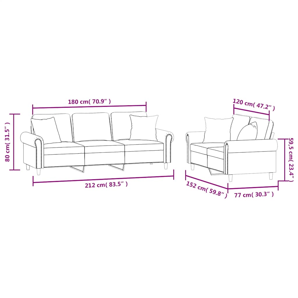 Set di Divani 2 pz con Cuscini Rosso Vino in Velluto | homemem39